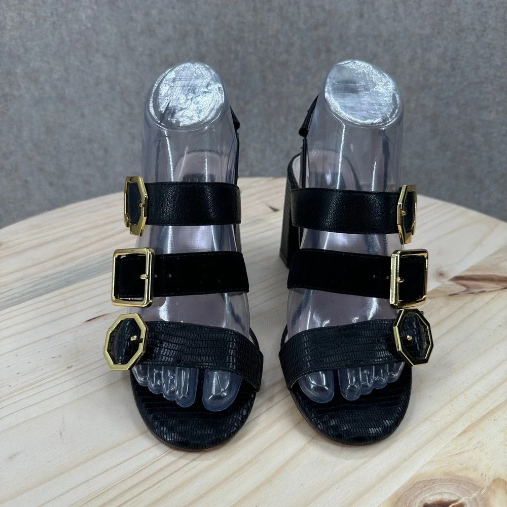 Louise et Cie Block Heel Sandals Womens 6 Black Lizard Embossed Triple Buckle